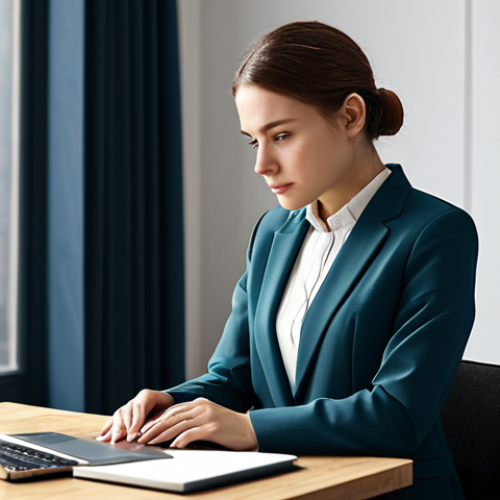 A professional female home stylist, appearing focused and intelligent. She is dressed in a modest business casual outfit, featuring a chic blazer over a smart blouse and tailored trousers. She is seated at a clean, modern desk in a sunlit design studio, surrounded by architectural design books, a laptop displaying a 3D rendering, and sketches. She looks at her laptop screen with a thoughtful expression, actively engaged in professional development. Professional photography, high resolution, realistic, soft studio lighting, fully clothed, modest clothing, appropriate attire, professional dress, safe for work, appropriate content, perfect anatomy, correct proportions, natural pose, well-formed hands, proper finger count, natural body proportions.