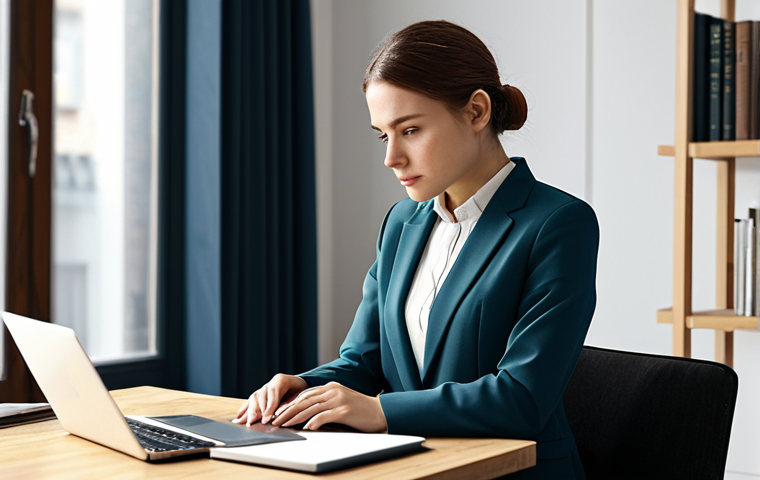 A professional female home stylist, appearing focused and intelligent. She is dressed in a modest business casual outfit, featuring a chic blazer over a smart blouse and tailored trousers. She is seated at a clean, modern desk in a sunlit design studio, surrounded by architectural design books, a laptop displaying a 3D rendering, and sketches. She looks at her laptop screen with a thoughtful expression, actively engaged in professional development. Professional photography, high resolution, realistic, soft studio lighting, fully clothed, modest clothing, appropriate attire, professional dress, safe for work, appropriate content, perfect anatomy, correct proportions, natural pose, well-formed hands, proper finger count, natural body proportions.