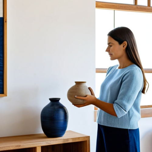 A professional woman, fully clothed in modest business casual attire, stands in a thoughtfully designed living room, adjusting a handcrafted ceramic vase sourced from Alentejo on a minimalist wooden shelf. The room features a feature wall painted in a soothing deep blue, inspired by the Portuguese coast, a textured linen sofa adorned with knitted throw pillows, and a large, inviting jute rug. Sunlight streams through a window, illuminating the carefully curated space that speaks of personal history and comfort. perfect anatomy, correct proportions, natural pose, well-formed hands, proper finger count, natural body proportions, professional photography, high quality, safe for work, appropriate content, fully clothed, family-friendly.
