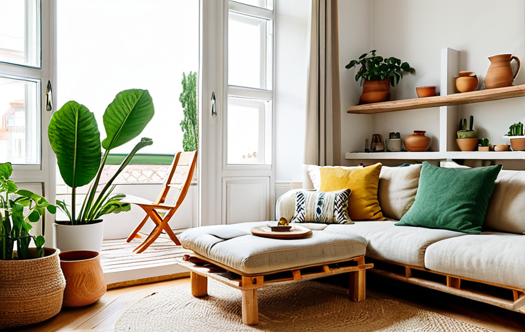 Cozy & Sustainable Living Room**

A bright and airy living room in Lisbon, Portugal, featuring a comfortable sofa made of organic cotton, repurposed wooden furniture, and local artisanal ceramics displayed on shelves. Large windows let in natural light, illuminating lush green plants. The color palette is warm and neutral with pops of earthy tones.  Emphasis on natural textures and a relaxed atmosphere.  *Prompt Modifiers*:  "home styling", "sustainable living", "cozy", "Portugal", "artesanal", "bright lighting", "natural materials", "safe for work", "appropriate content", "fully clothed", "professional", "modest", "family-friendly", "perfect anatomy", "correct proportions", "natural pose", "well-formed hands", "proper finger count", "natural body proportions."

**