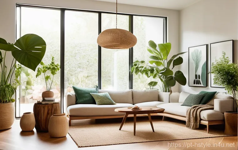 홈스타일링 실무 가이드 - **Prompt 1: A Cozy Living Room with Biophilic Design and Personal Memories**
"A bright, inviting...