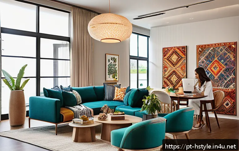 홈스타일리스트와 고객 계약서 작성 방법 - A professional home stylist consulting with a Brazilian client in a modern living room setting, deta...