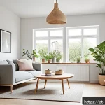 홈스타일링에서의 디자인 소프트웨어 사용법 - A modern Scandinavian-style living room interior design scene, showcasing a bright, minimalist space...
