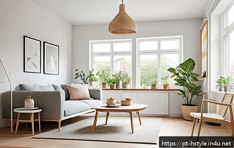 홈스타일링에서의 디자인 소프트웨어 사용법 - A modern Scandinavian-style living room interior design scene, showcasing a bright, minimalist space...