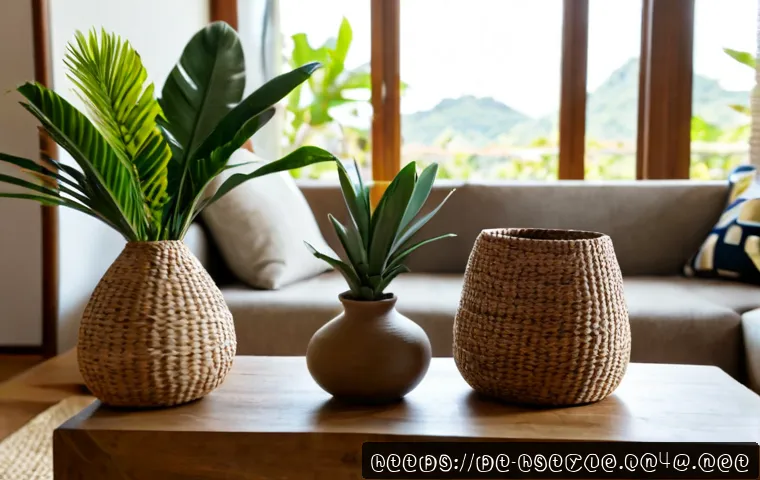 홈스타일링에서의 소품 활용 아이디어 - Photorealistic cozy Brazilian apartment living room, thoughtful home styling with a woven rattan bas...